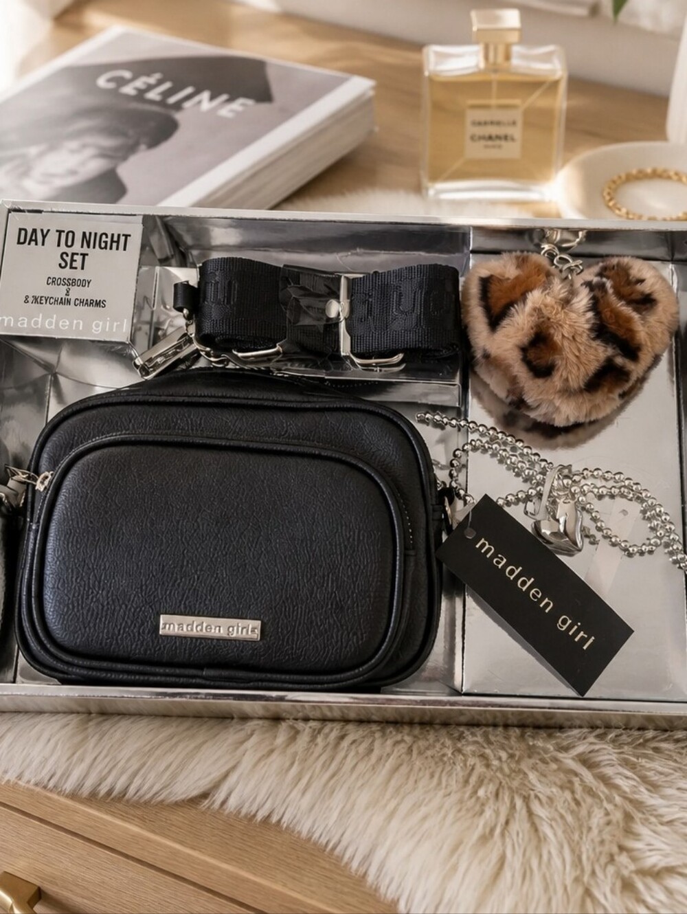 Madden Girl Black Crossbody Bag with Leopard Heart Charm